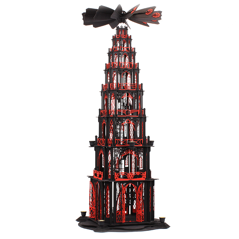 Weihnachtspyramide Holzbastelsatz Gotikpyramide mit 7 Et., Treppe, schwarz/rot