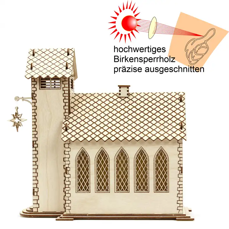 Bastelset Räucherhaus Kirche mit Herrenhuter Stern DAMASU Holzkunst aus dem Erzgebirge